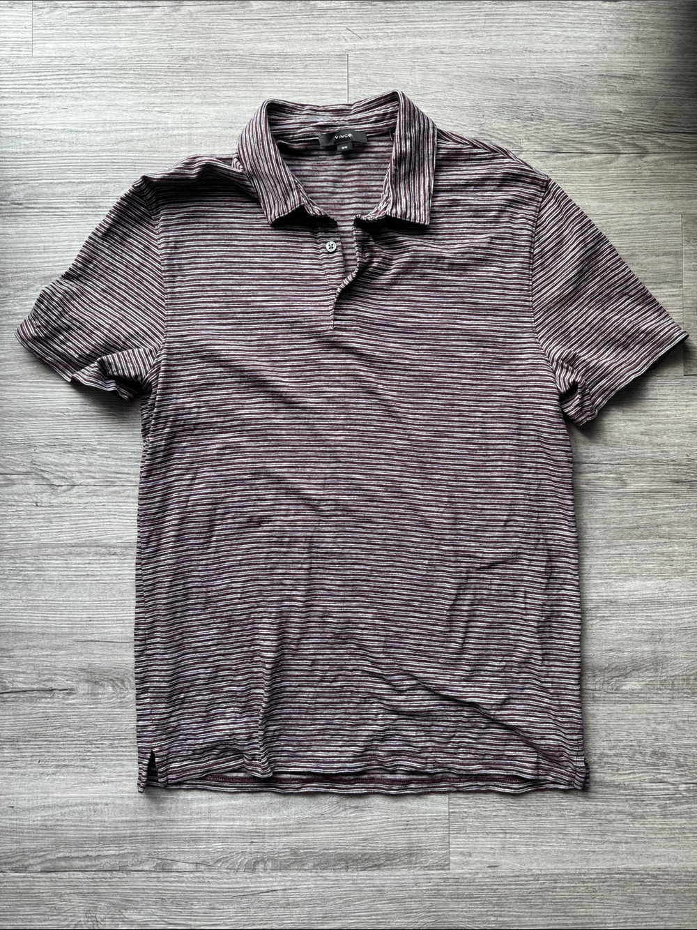 Vince Men's Burgundy and White Thin-Stripe Polo